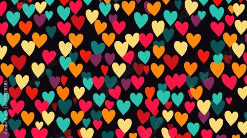 A vibrant pattern of multicolored hearts on a dark background. photo