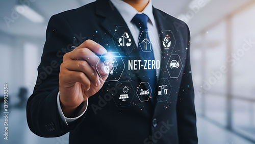 Net-Zero Emissions Concept with Businessman Touching Holographic Icons | Sustainable Corporate Future – Net-Zero Emission Goals in Tech Interface
