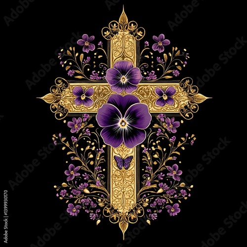 Elegant Gold and Purple Floral Cross Design Art Print, Christian Religious Decor, Gothic Victorian Style, Pansies Butterfly