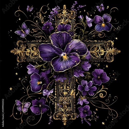Gothic Purple Pansy Cross Floral Art Print Gold Ornate Design Dark Background Butterfly Sparkle Elegant Decor