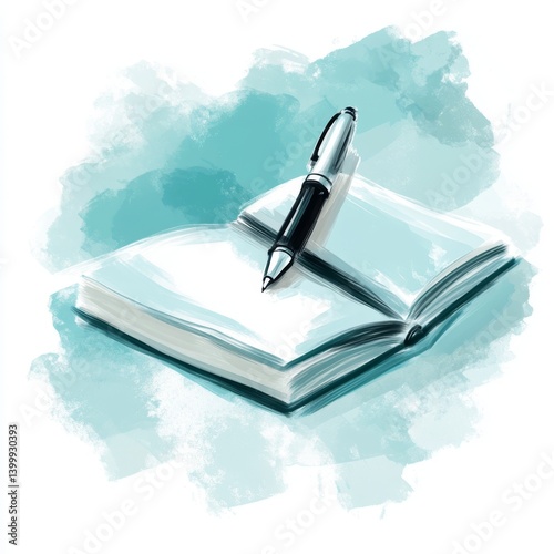Watercolor Sketch of Open Notebook with Black and Silver Pen Resting On Top