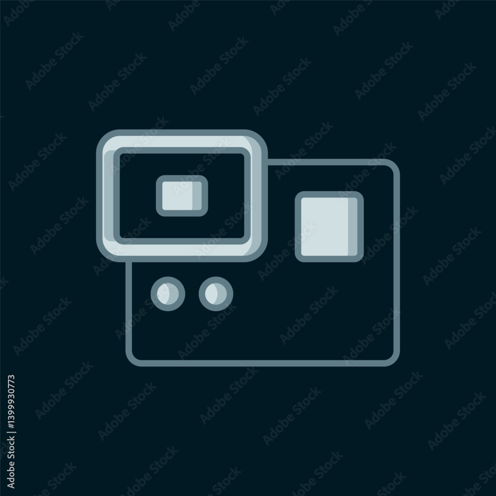 Line Action extreme camera icon isolated on black background. Video camera equipment for filming extreme sports. Flat filled outline style with shadow. Vector
