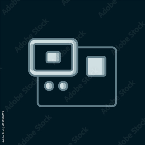 Line Action extreme camera icon isolated on black background. Video camera equipment for filming extreme sports. Flat filled outline style with shadow. Vector