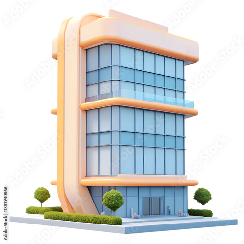 A digitally rendered image of a stylized office high-rise building.