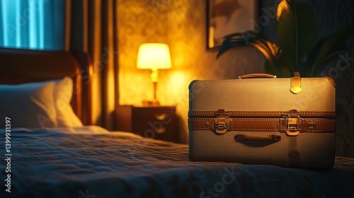 A retro suitcase sits on a hotel bed in a dimly lit room creating a cozy and relaxing atmosphere Perfect for travel or hotel industry marketing
