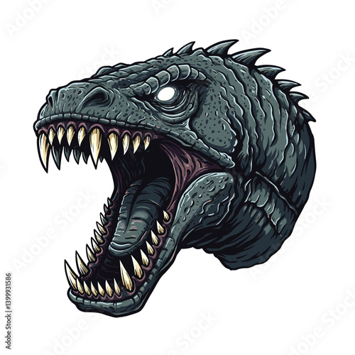 Dinosaur's Fierce Gaze: A detailed illustration of a fearsome dinosaur head with open jaws. The eyes gaze intensely, hinting at the prehistoric predator's might and mystery. 