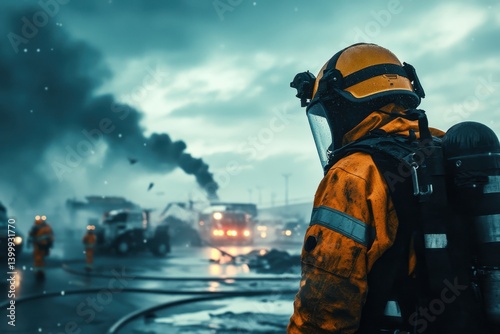 Firefighter responds to emergency situation in industrial area during stormy weather