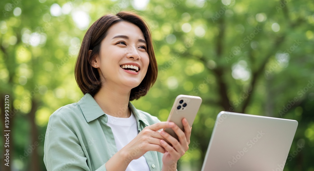 Happy young Asian woman using smartphone and laptop in a park, enjoying the outdoors and technology Happy young Asian woman using smartphone and laptop in a park, enjoying the outdoors and technology