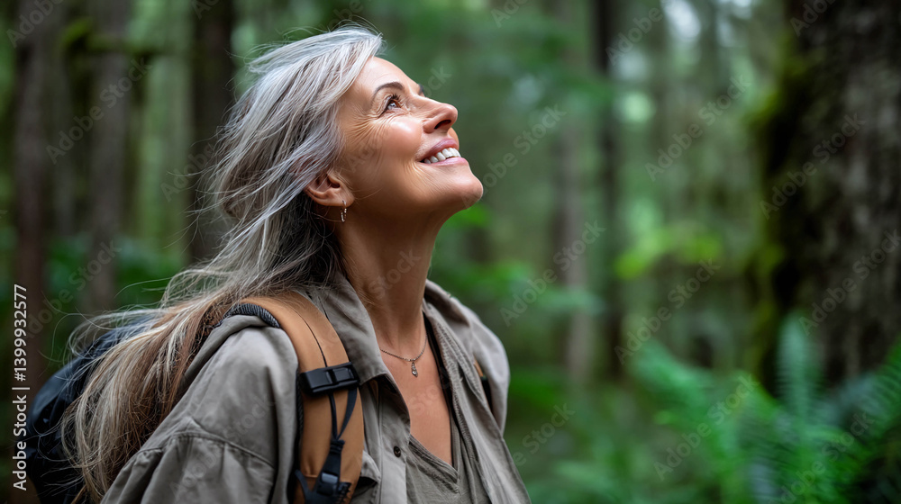 Naklejka premium A middle-aged woman in the forest. She looks up with a smile on her face. She has gray hair, brown eyes, and white teeth. She is wearing a khaki jacket and has a backpack on her shoulder.