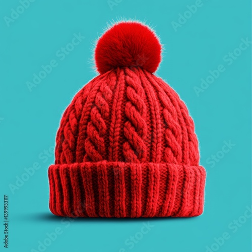 Bright Red Knitted Beanie Hat with Fluffy Pom pom on Teal Background View