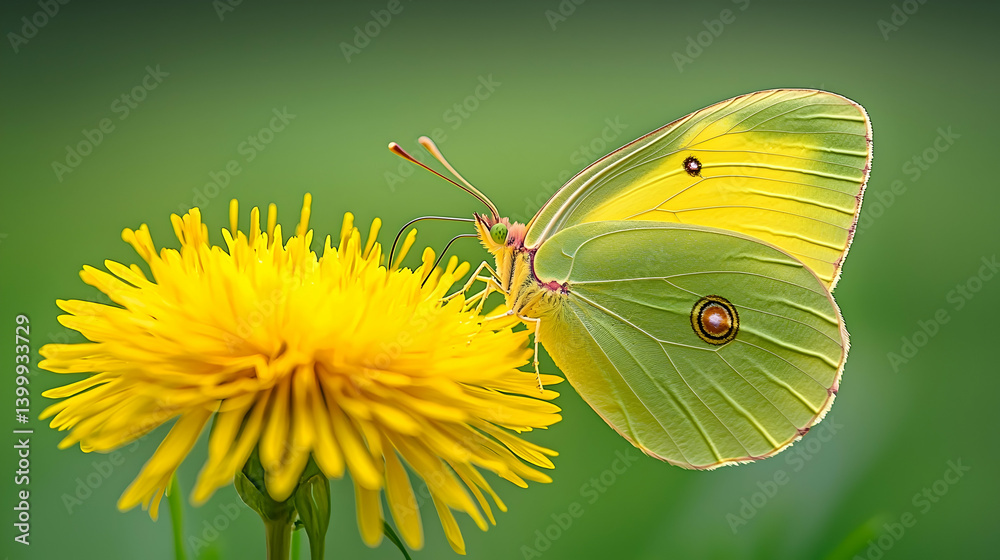 Pale butterfly on yellow dandelion, green background; nature macro photography for websites, blogs, or print Pale butterfly on yellow dandelion, green background; nature macro photography for websites, blogs, or print