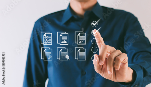 Checklist and documentation management. Businessmen mark check blocks to verify the correctness and approve or accept the agreement. take an assessment, questionnaire, evaluation, online survey.