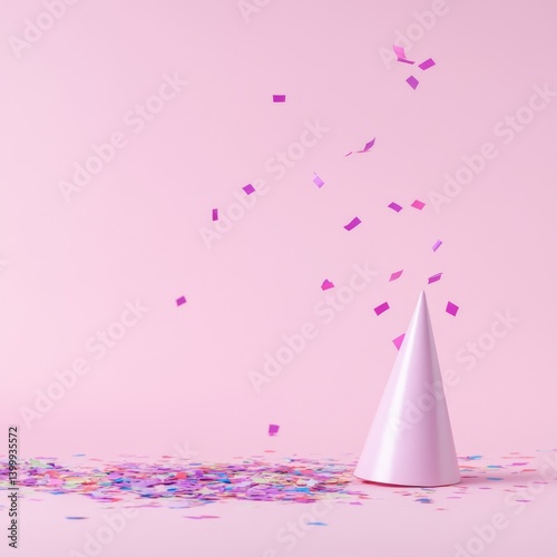 Pink Party Hat Cone Surrounded by Falling Colorful Confetti Celebration Scene