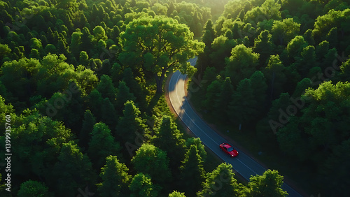 Curved Scenic Highway Surrounded by Trees – AI Forest Landscape Illustration | nature scenery, vibrant forest, road travel art, environmental concept, digital painting, fantasy nature