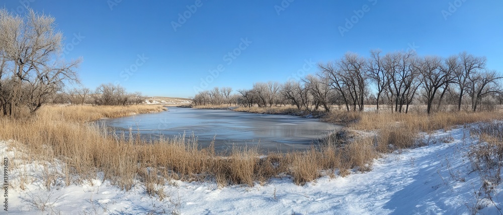 Serene winter landscape featuring a partially frozen lake surrounded by snow covered ground and frosted trees under a clear blue sky Serene winter landscape featuring a partially frozen lake surrounded by snow covered ground and frosted trees under a clear blue sky