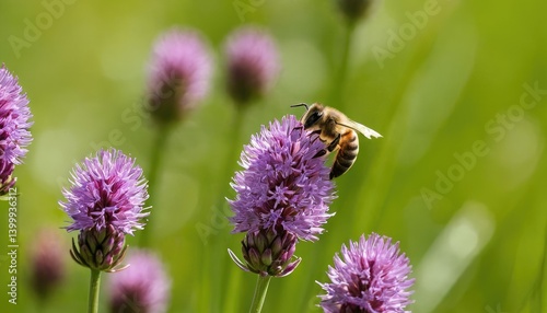 Closeup of a bee on knapweed in a field under the sunlight
1