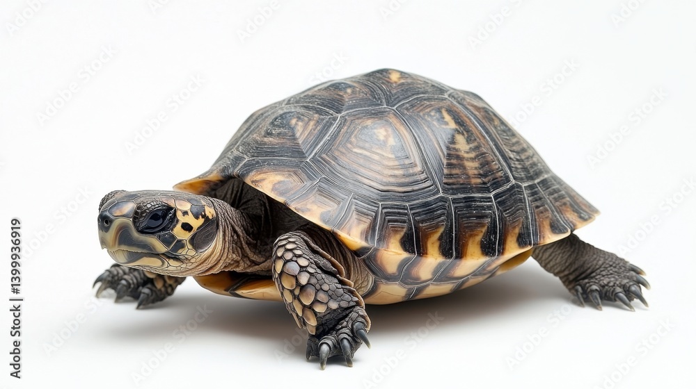Captivating portrait of a brown wood turtle on a clean white background showcasing its unique shell pattern and textured skin in a studio shot with natural light Captivating portrait of a brown wood turtle on a clean white background showcasing its unique shell pattern and textured skin in a studio shot with natural light