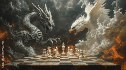 Chinese dragon and American eagle are playing a chess game
