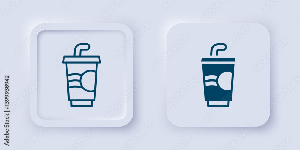 Filled and outline Paper glass with drinking straw and water icon isolated on grey background. Soda drink glass. Fresh cold beverage symbol. Square button. Vector Filled and outline Paper glass with drinking straw and water icon isolated on grey background. Soda drink glass. Fresh cold beverage symbol. Square button. Vector