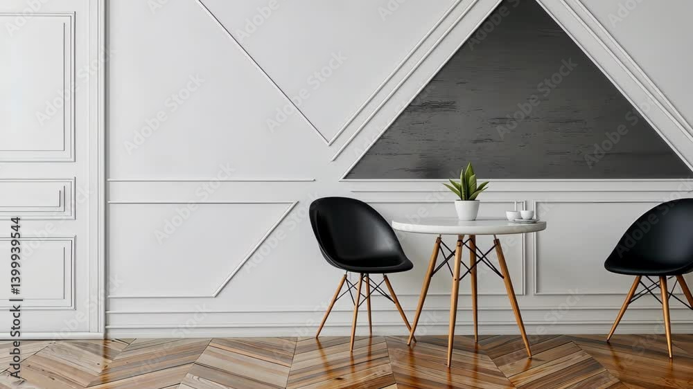 Light-filled space featuring sleek chairs and a round table set against a geometric accent wall with wooden flooring