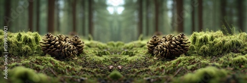 Pine Cones Resting on Mossy Ground in a Lush Forest
