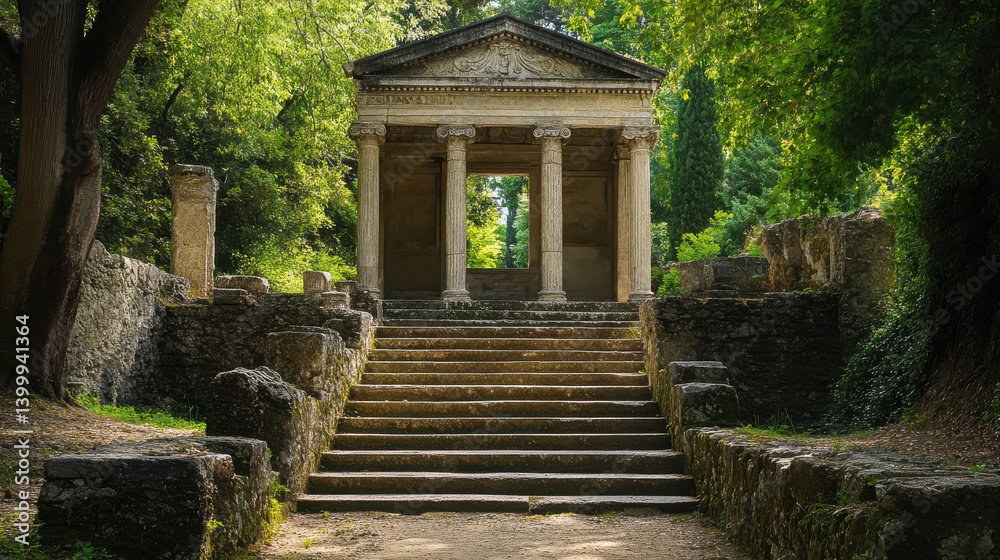 Ancient stone temple with four columns stands atop a set of steps, surrounded by trees and foliage. Sunlight filters through the leaves, creating a peaceful atmosphere in this historic location Ancient stone temple with four columns stands atop a set of steps, surrounded by trees and foliage. Sunlight filters through the leaves, creating a peaceful atmosphere in this historic location