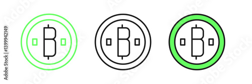 Set line Cryptocurrency coin Bitcoin icon isolated on white background. Physical bit coin. Blockchain based secure crypto currency. Vector