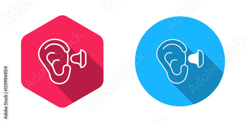 Filled and outline Earplugs and ear icon isolated with long shadow background. Ear plug sign. Noise symbol. Sleeping quality concept. Vector