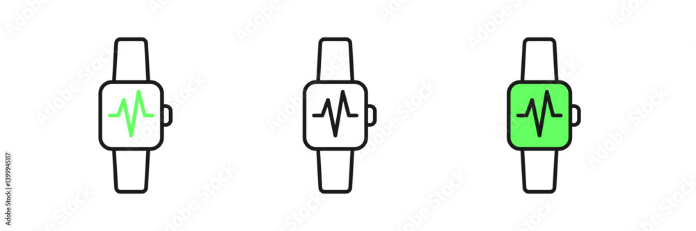 Set line Smart watch showing heart beat rate icon isolated on white background. Fitness App concept. Vector Set line Smart watch showing heart beat rate icon isolated on white background. Fitness App concept. Vector