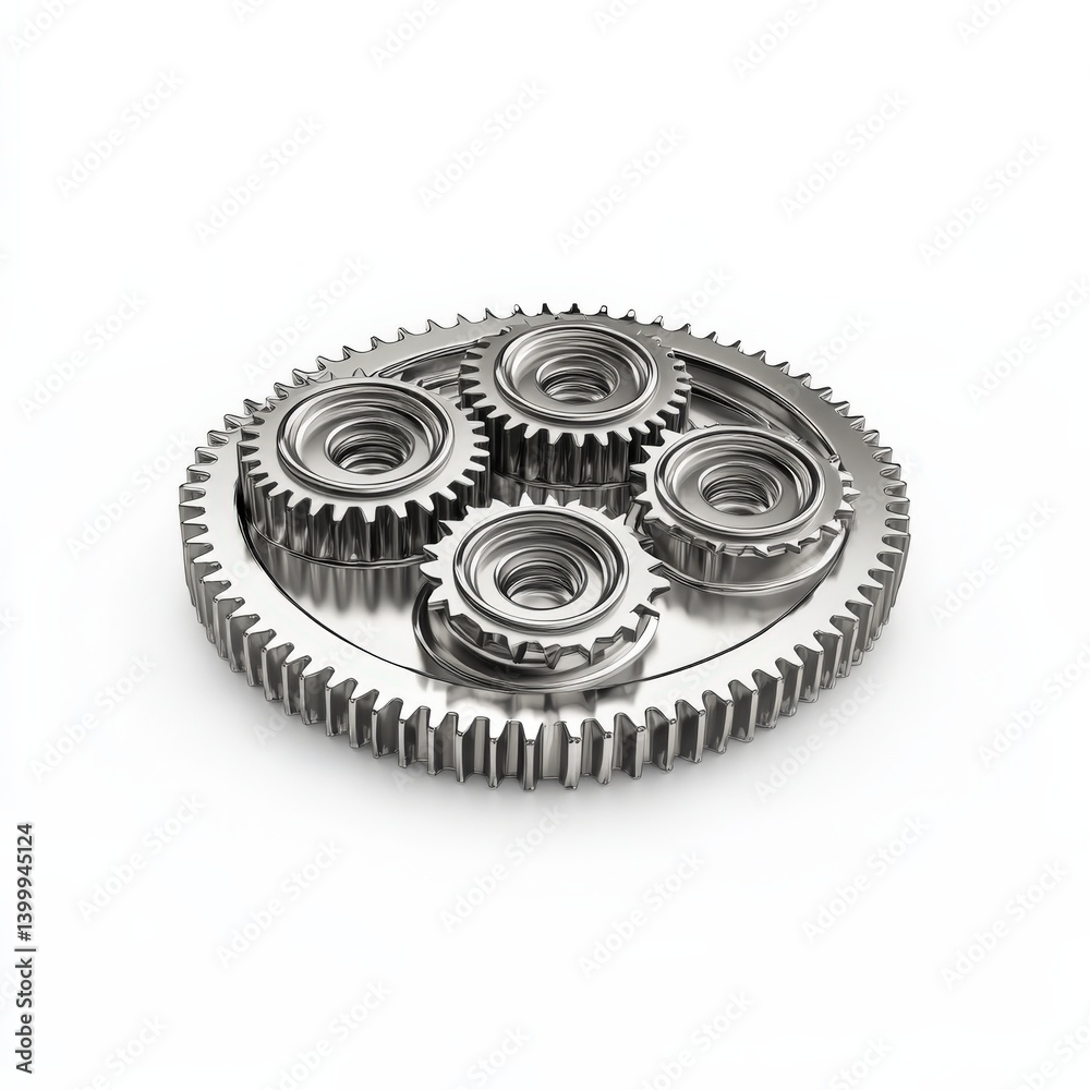 Three metal gears are connected on a white background Three metal gears are connected on a white background