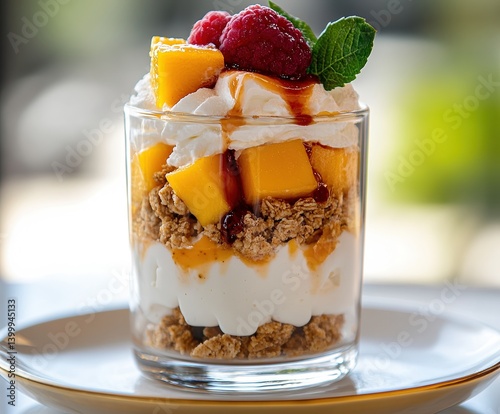  Sobremesa parfait with mango, cream, cookies in clear glass, topped with fruit and sauce on white surface, served with gold-rimmed elegance.