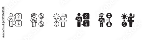 Business education icon set. Employee coaching icons. Contains symbol of bachelor, training, mentoring, qualification, learning, study cost, professional, educated worker. Vector illustration