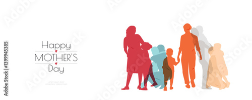 Happy Mother's Day banner. Group of mothers with their children.