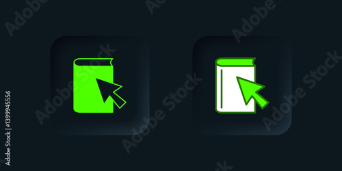 Green Online book icon isolated on black background. Internet education concept, e-learning resources, distant online courses. Black square button. Vector