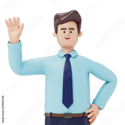 A man in business attire waving, symbolizing greeting or presentation. 3D rendering, conceptual image. Isolated on white background.