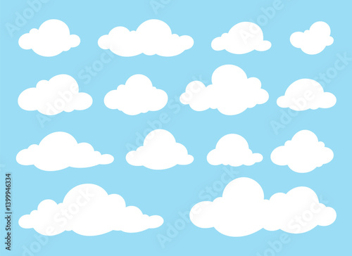 A set of different cartoon white clouds isolated on a sky blue background, flat design vector illustration. A simple empty element for decoration, design, and cover with space for text. Cumulus clouds