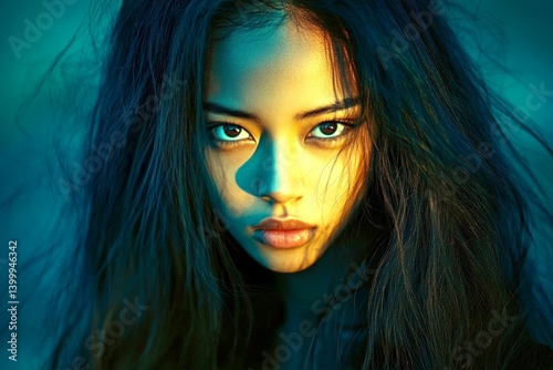 Long trim - highlighted hair. Commercial ad campaign graphic concept art. Stunning calm mixed-race girl - for ads, advertisement and web use. Long colored hair trend. Colored hair beauty.