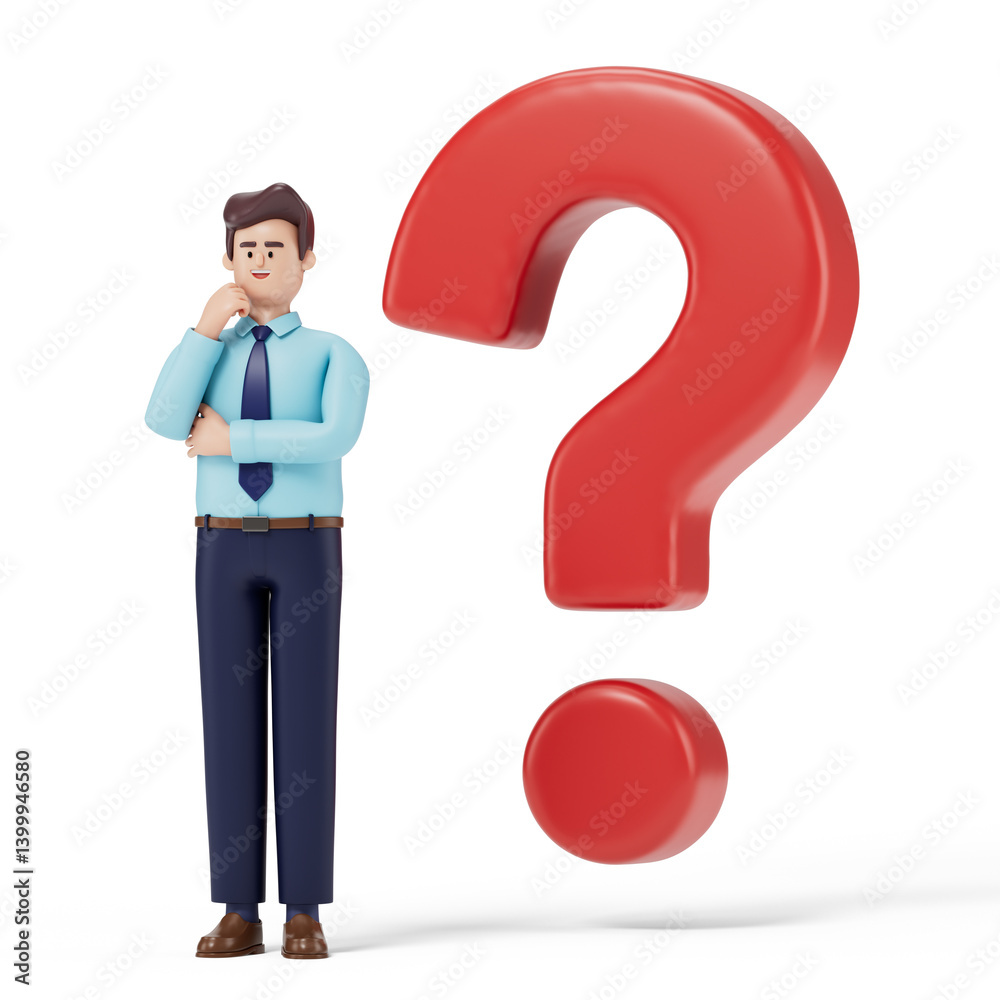 A man contemplates next to a large question mark, symbolizing confusion or contemplation. 3D rendering, conceptual image. Isolated on white background. A man contemplates next to a large question mark, symbolizing confusion or contemplation. 3D rendering, conceptual image. Isolated on white background.