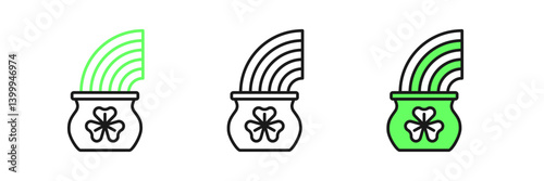 Set line Pot of gold with magic rainbow icon isolated on white background. Happy Saint Patricks day. National Irish holiday. Vector