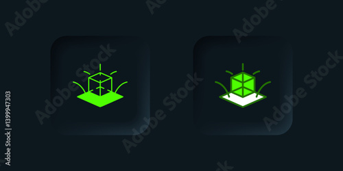 Green 3d modeling icon isolated on black background. Augmented reality or virtual reality. Black square button. Vector