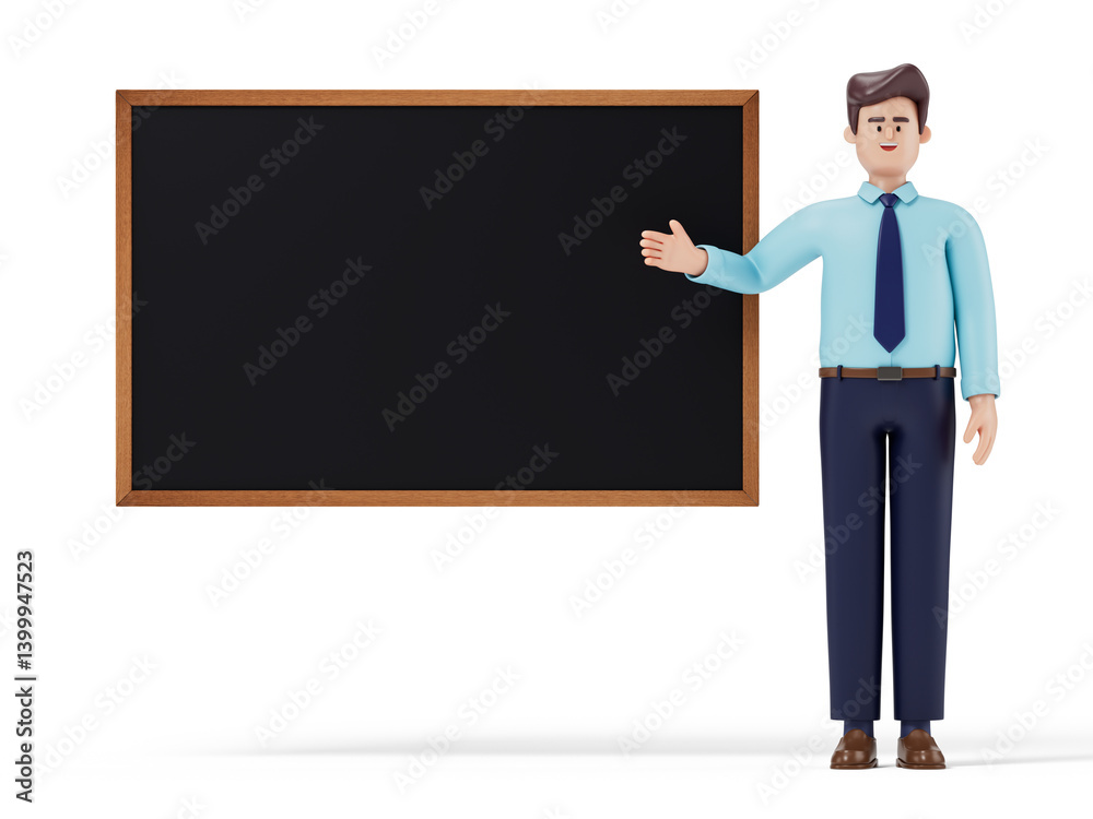 A man points to a blank chalkboard, symbolizing teaching or presenting information. 3D rendering, conceptual image. Isolated on white background. A man points to a blank chalkboard, symbolizing teaching or presenting information. 3D rendering, conceptual image. Isolated on white background.