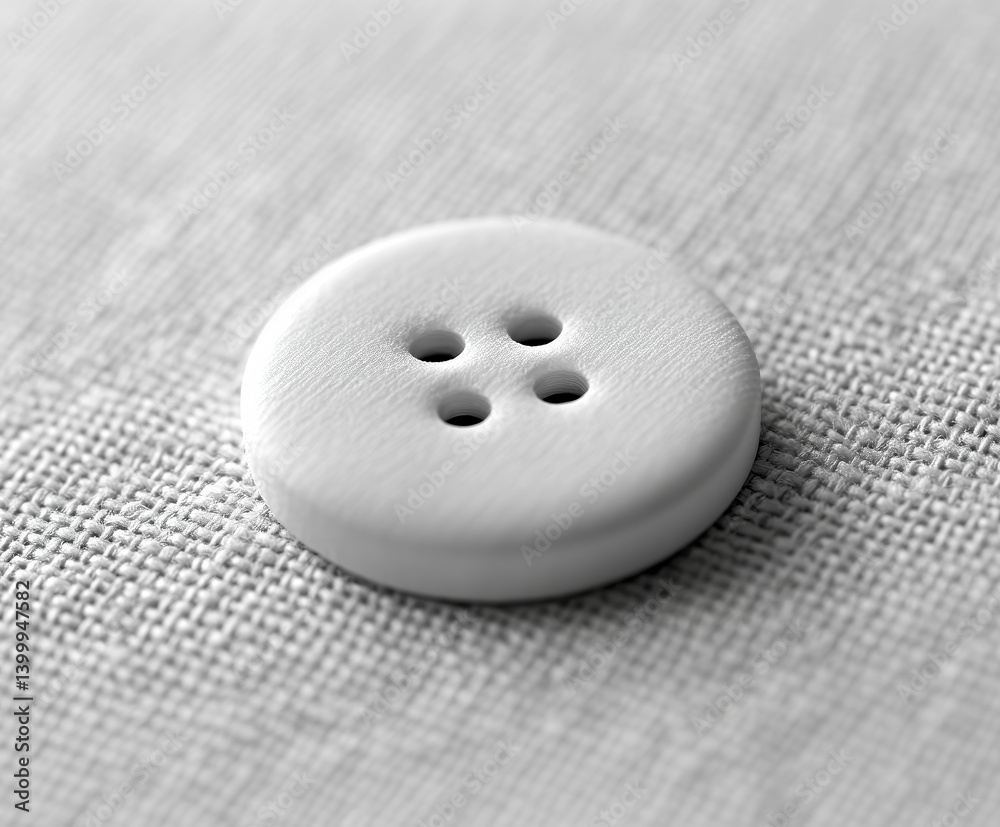 White four-hole button lying on textured fabric, close-up detail emphasizing sewing, clothing production, or textile design.
White four-hole button lying on textured fabric, close-up detail emphasizing sewing, clothing production, or textile design.