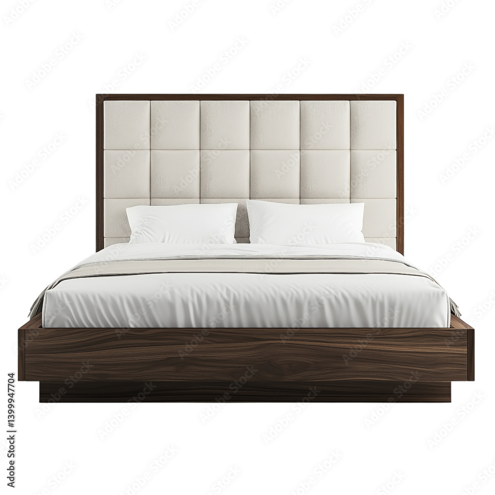 Modern bed with a tall, vertically tufted beige headboard and dark wooden frame, featuring crisp white bedding.
