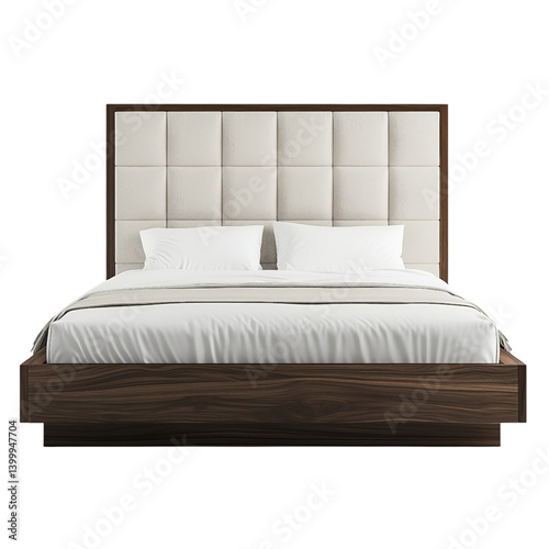 Obraz na płótnie Modern bed with a tall, vertically tufted beige headboard and dark wooden frame, featuring crisp white bedding. w salonie
