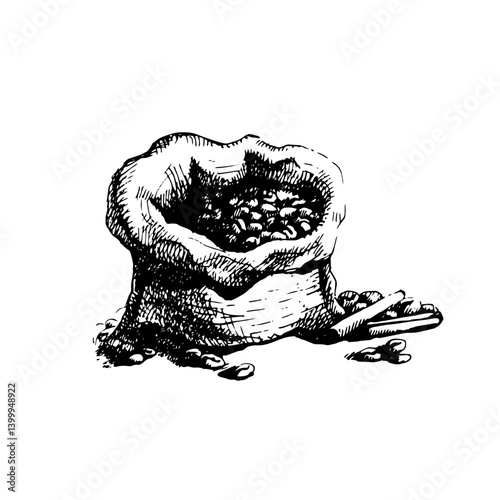 Hand drawn canvas bag with coffee beans, vintage engraving style. Retro cafe, beverage concept, great for menu, branding, packaging. Sketch vector illustration.