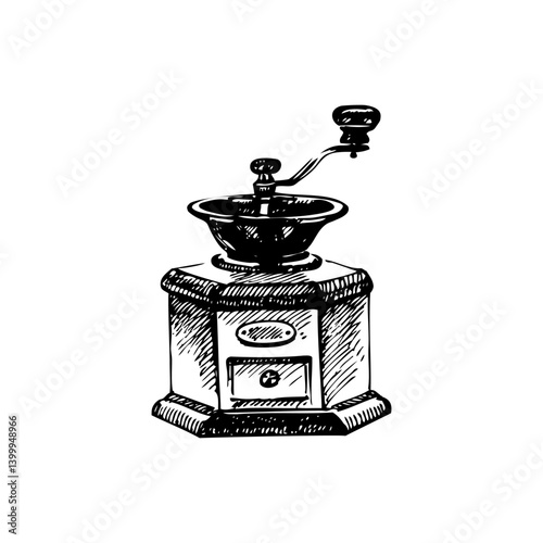 Hand drawncoffee grinder, vintage engraving style. Retro cafe, beverage concept, great for menu, branding, packaging. Sketch vector illustration. 