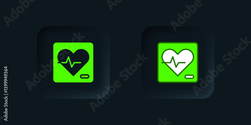 Green Heart rate icon isolated on black background. Heartbeat sign. Heart pulse icon. Cardiogram icon. Black square button. Vector