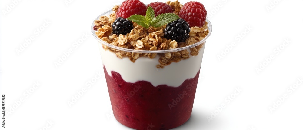 Delicious parfait featuring fresh raspberry blackberry granola and creamy yogurt in clear cup healthy breakfast Delicious parfait featuring fresh raspberry blackberry granola and creamy yogurt in clear cup healthy breakfast