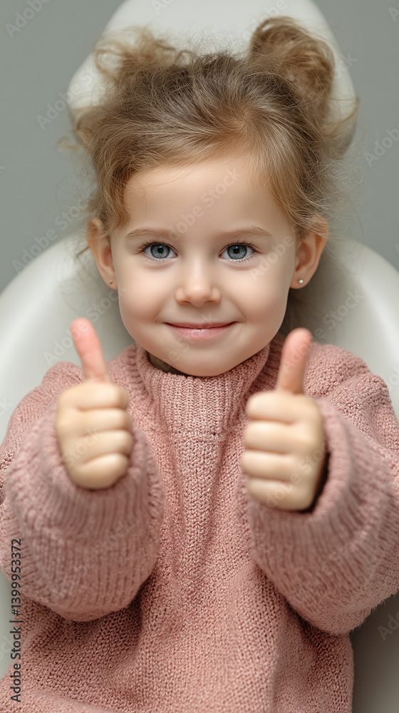 Smiling toddler girl in pink sweater gives thumbs up, conveying positivity and approval. Image ideal for children's products, healthcare, or positive messaging Smiling toddler girl in pink sweater gives thumbs up, conveying positivity and approval. Image ideal for children's products, healthcare, or positive messaging