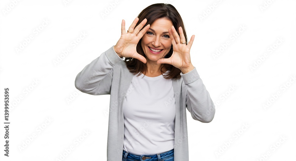 Portrait of a cheerful middle-aged woman making a frame with her hands, smiling at the camera against a white background Portrait of a cheerful middle-aged woman making a frame with her hands, smiling at the camera against a white background